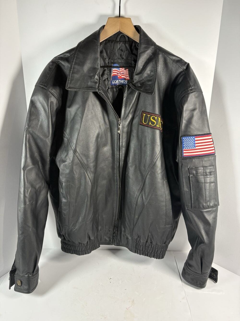 Vintage Leather USA USMC Marines Leather Bomber Jacket XL Black Military Patch
